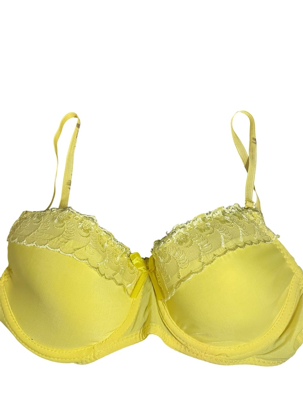 Yellow lace bralette with adjustable straps and underwire. Size: 34D